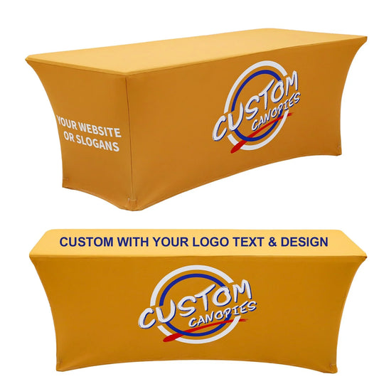 Custom Designed 96 Inch Advertising Table Covers Tight Fit Open Back Corner Stretchable Tablecloths for Outdoor Activities