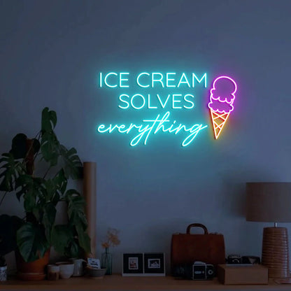 Ice Cream Solves Everything Custom LED Neon Sign Dimmable Neon Light Up Sign Restaurant Store Wall Decor Ice Cream Cafe Coffee Shop Bar Sign