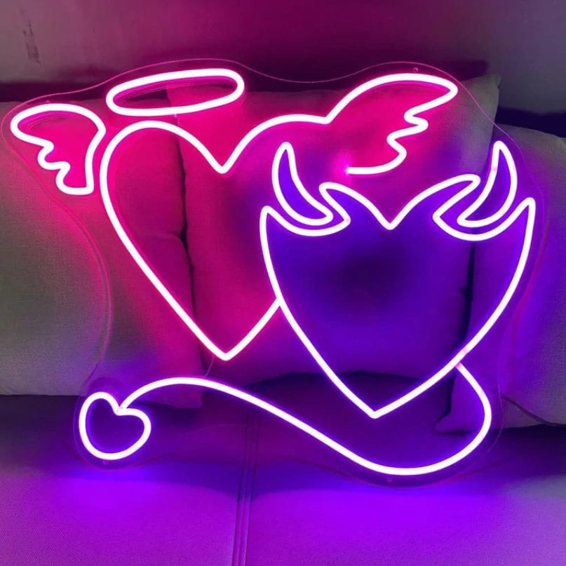 Angel and Demon in Love Heart Symbol Neon Sign Wedding